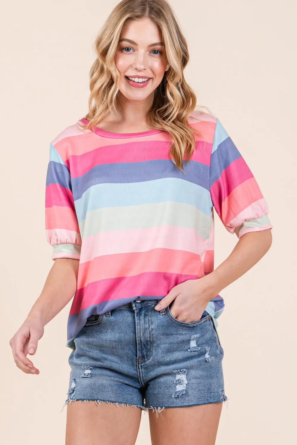 BOMBOM Striped Round Neck Half Sleeve T-Shirt