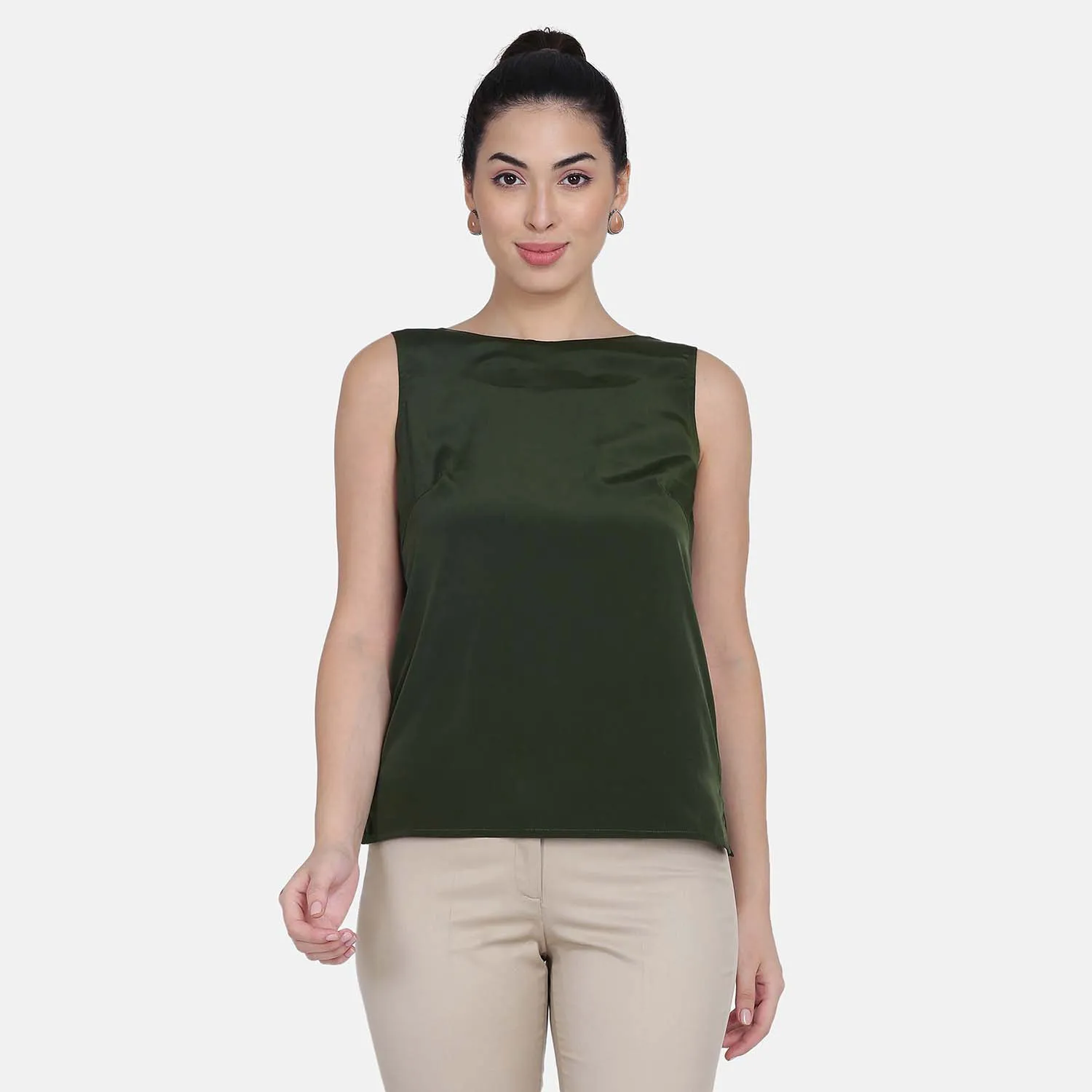 Bottle Green French Crepe Tank Sleeveless Top