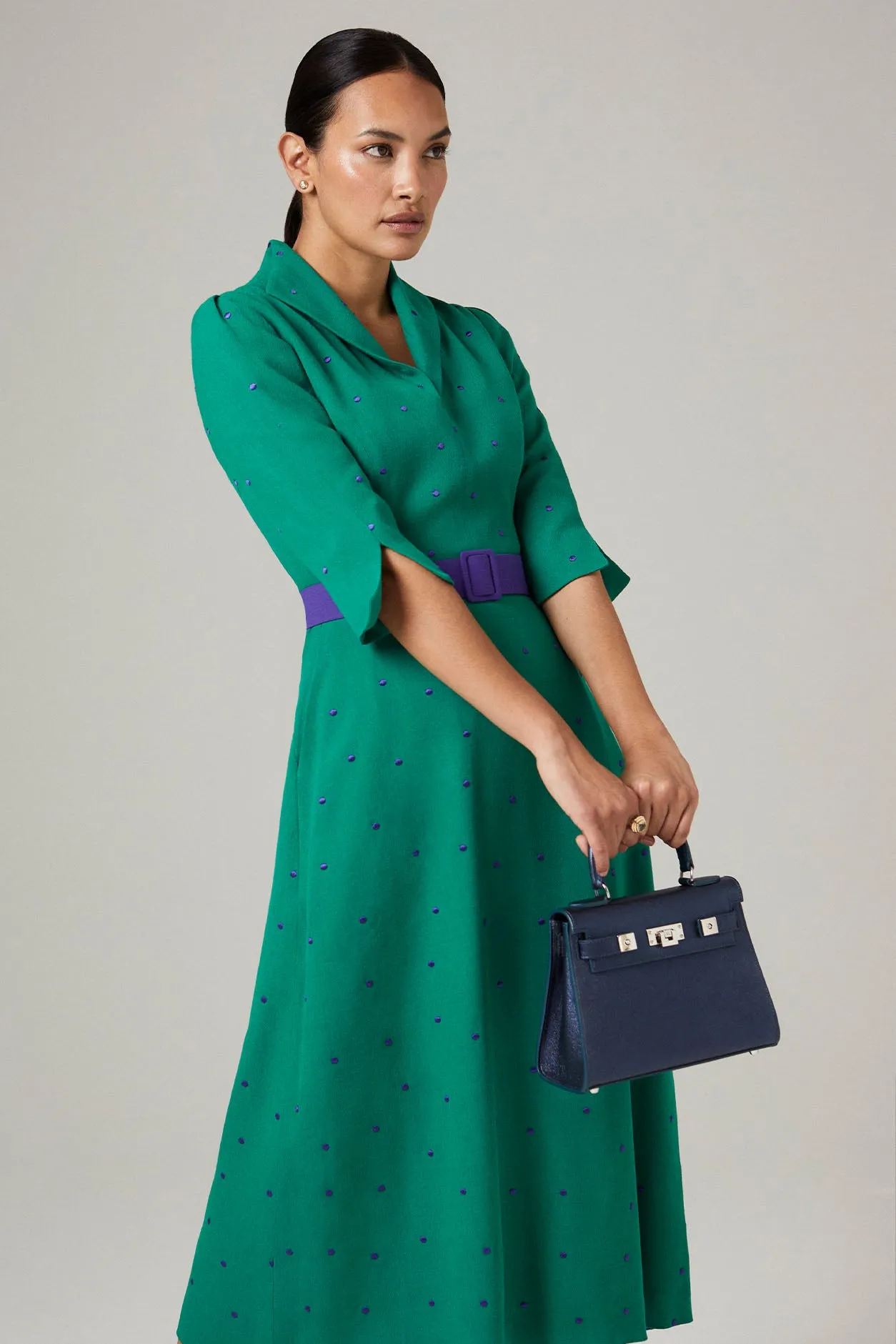 Calf-Length, A-Line Dress in Green and Purple Spot Crepe - Naomi