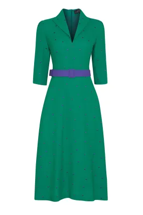 Calf-Length, A-Line Dress in Green and Purple Spot Crepe - Naomi