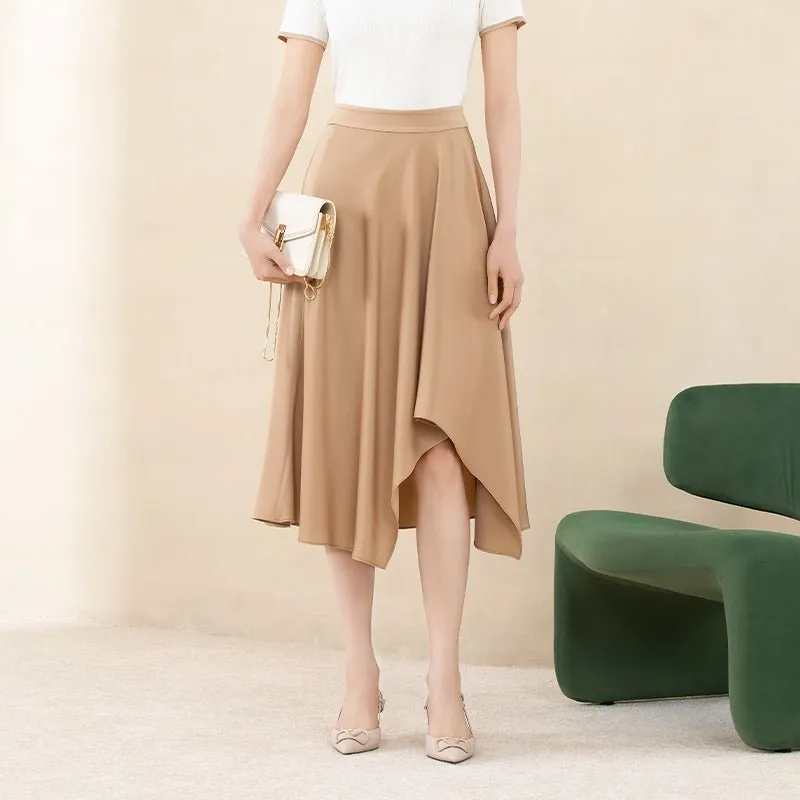 Camel Acetate Irregular Midi Skirt