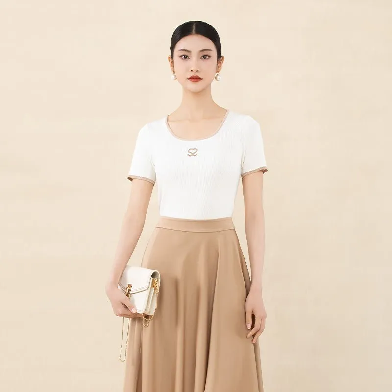 Camel Acetate Irregular Midi Skirt