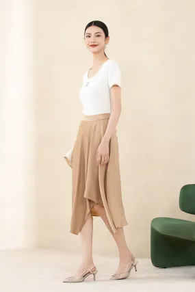 Camel Acetate Irregular Midi Skirt