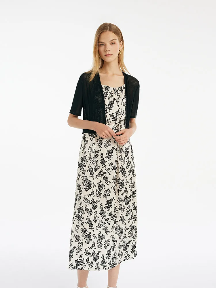 Camellia Printed Spaghetti Strap Dress And Knitted Cardigan Two-Piece Set With Belt