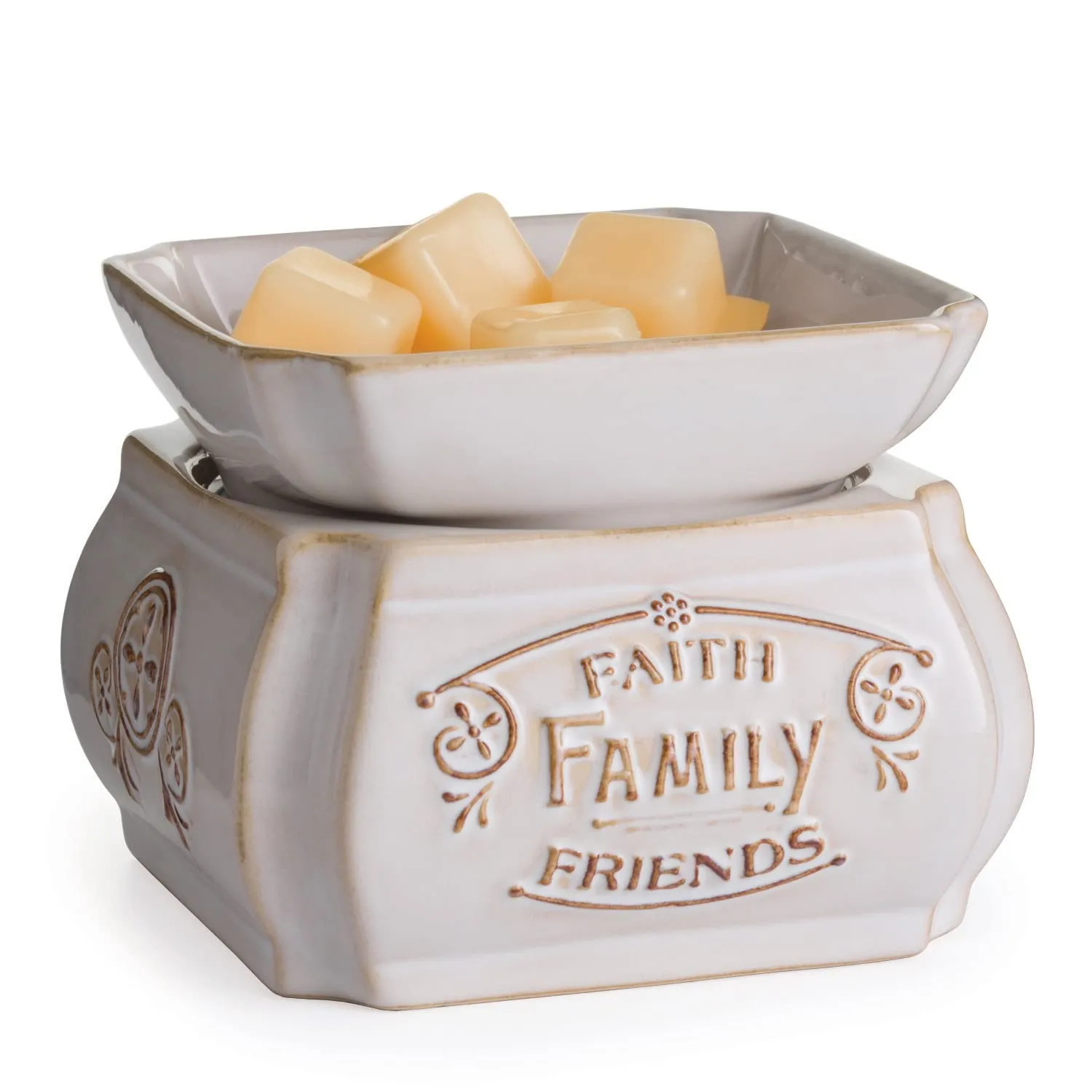 CANDLE WARMERS ETC 2-in-1 Candle and Fragrance Warmer for Warming Scented Candles or Wax Melts and Tarts with to Freshen Room, Faith, Family, Friends Quote