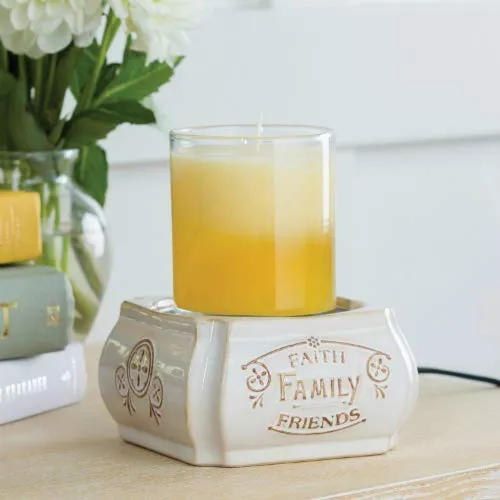 CANDLE WARMERS ETC 2-in-1 Candle and Fragrance Warmer for Warming Scented Candles or Wax Melts and Tarts with to Freshen Room, Faith, Family, Friends Quote