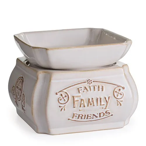 CANDLE WARMERS ETC 2-in-1 Candle and Fragrance Warmer for Warming Scented Candles or Wax Melts and Tarts with to Freshen Room, Faith, Family, Friends Quote