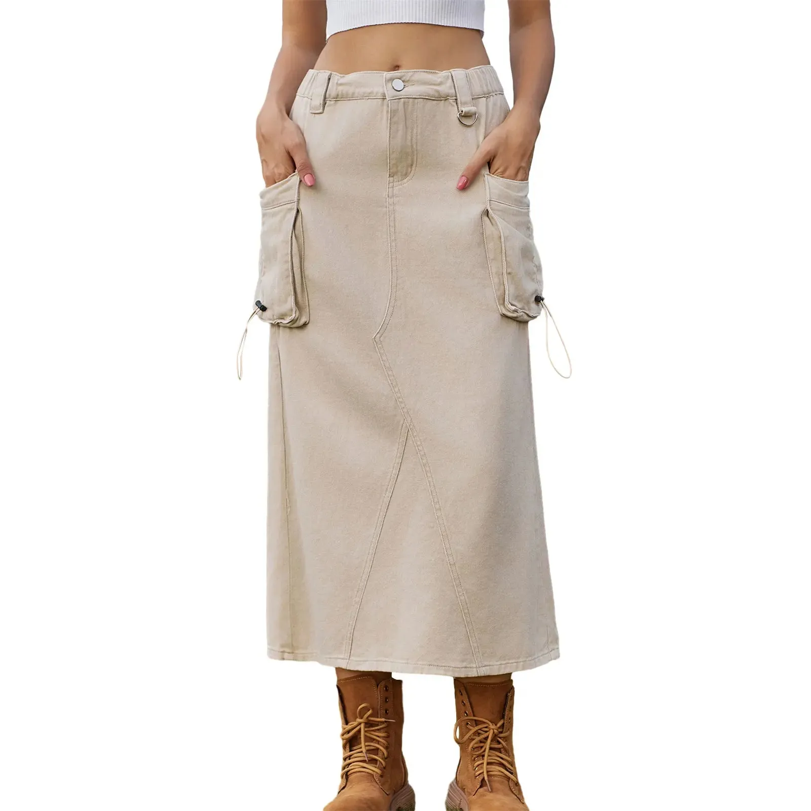 Cargo Solid Color Drawstring Denim with Pockets Y2k Long Streetwear Midi Skirt