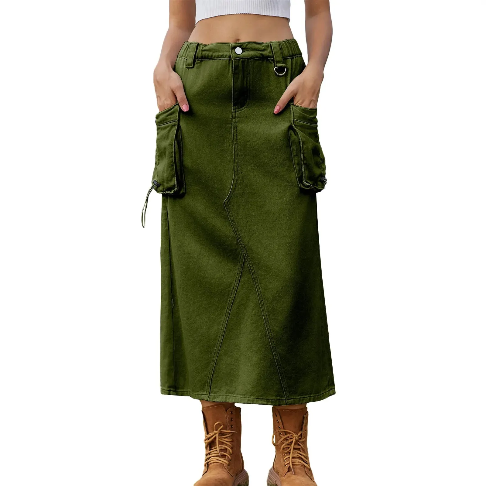 Cargo Solid Color Drawstring Denim with Pockets Y2k Long Streetwear Midi Skirt