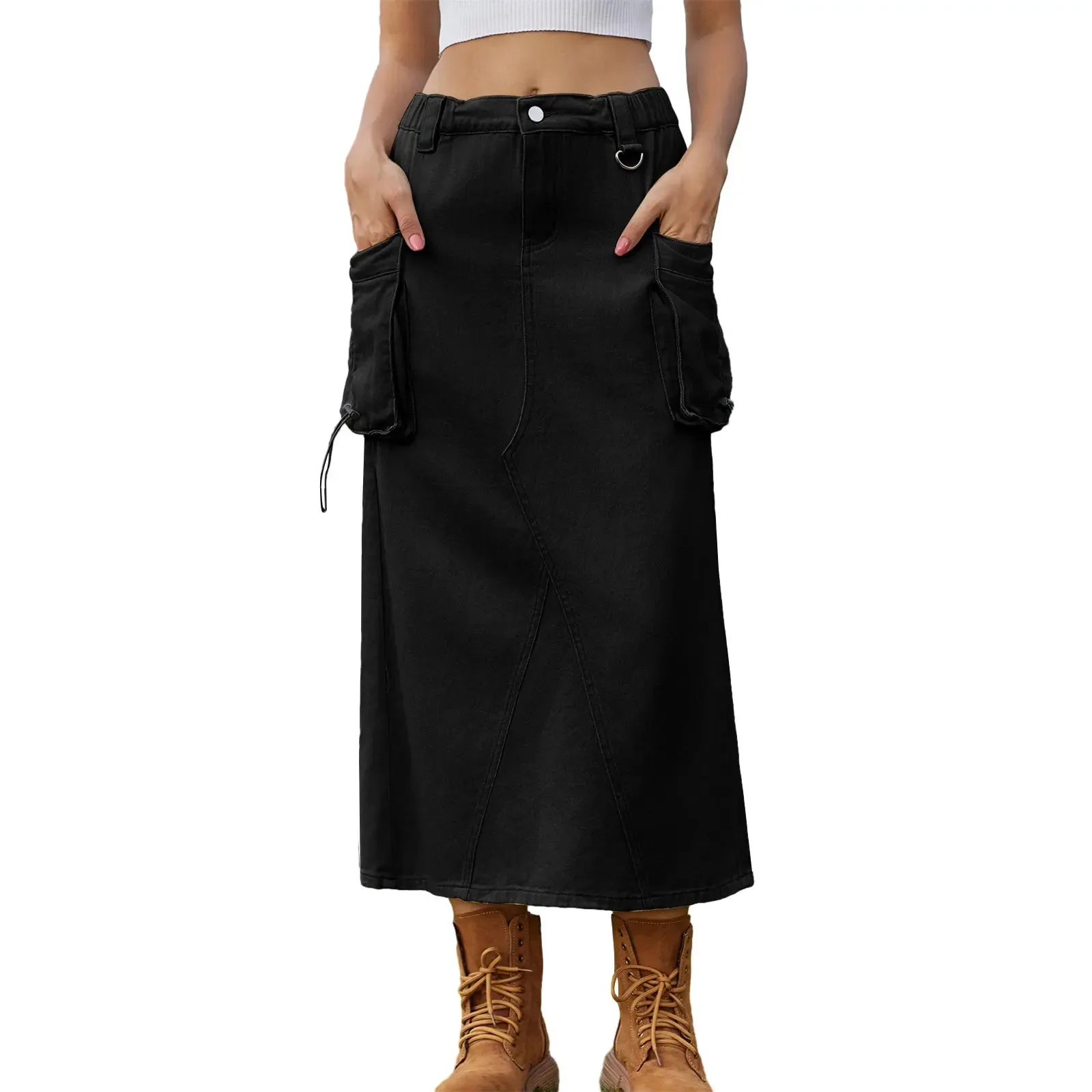 Cargo Solid Color Drawstring Denim with Pockets Y2k Long Streetwear Midi Skirt