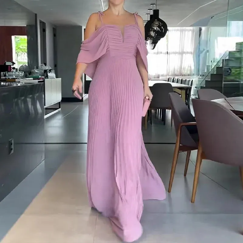 Chic Solid Pleated Robe Square Neck High Waist Evening Sexy Hollow Off Shoulder Spaghetti Strap Summer New Dress