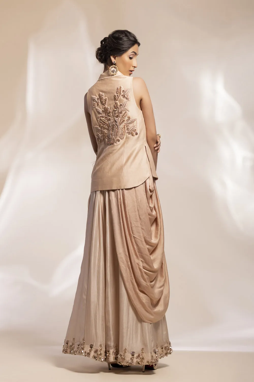 Chiffon Silk Floral Jacket With Feather Accents And Chiffon Sharara