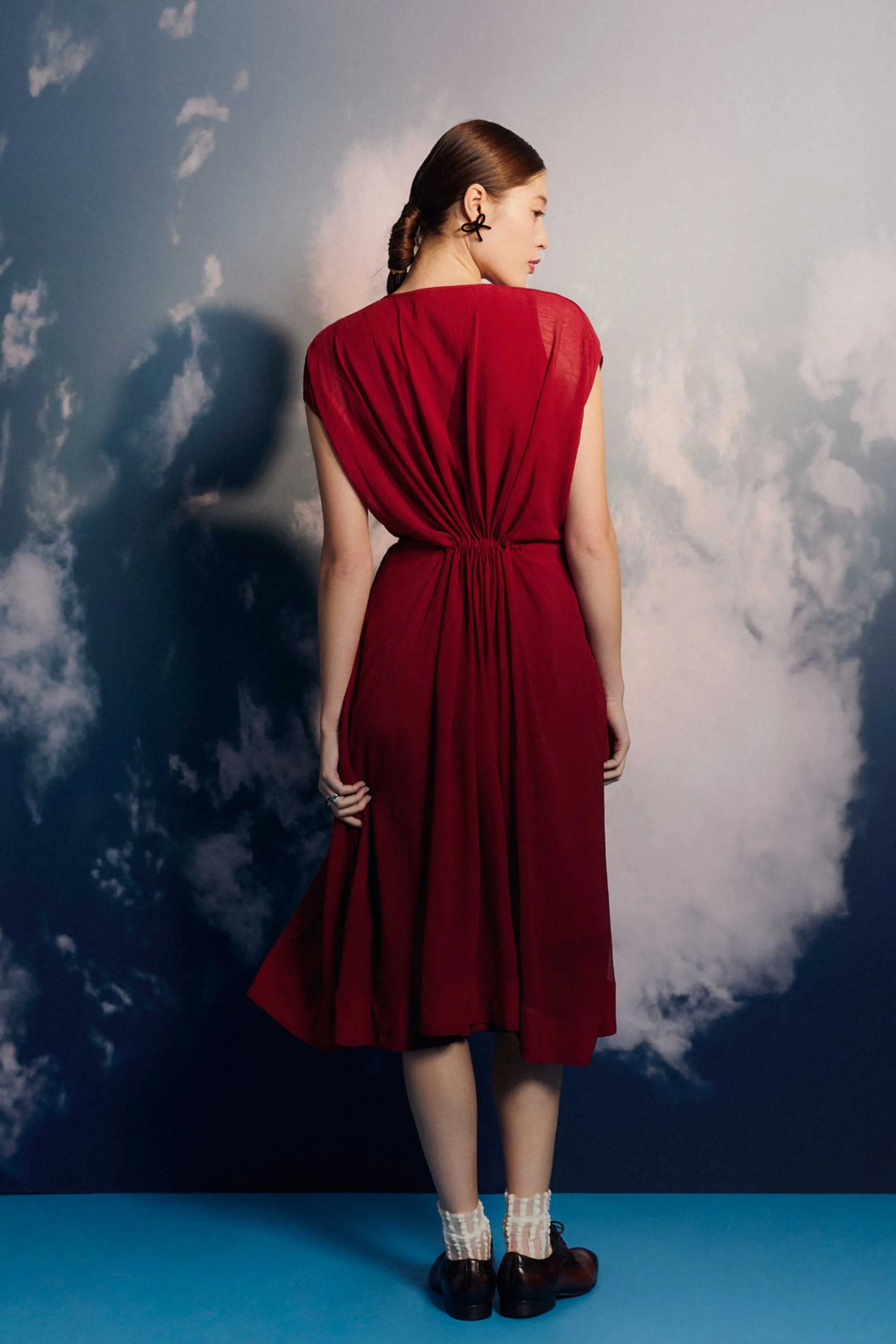 Circle Drop Sleeve Layered Cinch Dress (Dark Red)