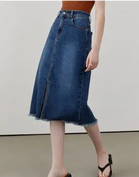 Circlofy women's split denim half skirt high waist fur hem package hip skirt