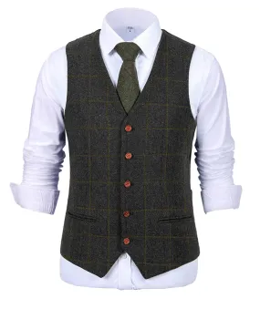 Classic Men's Suit Vest Plaid Tweed V Neck Waistcoat