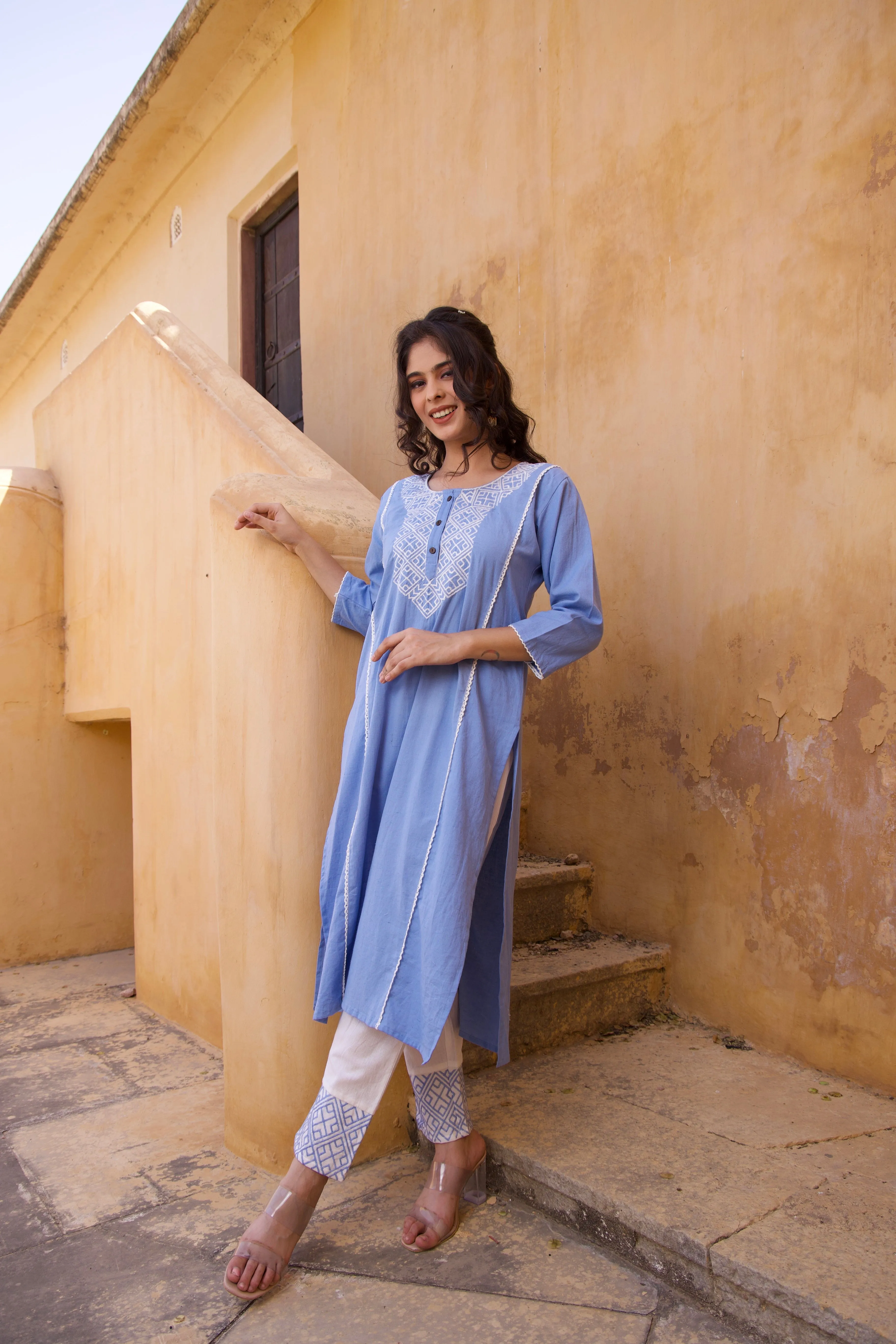 Crosses On Blue Embroidered Kurta Set