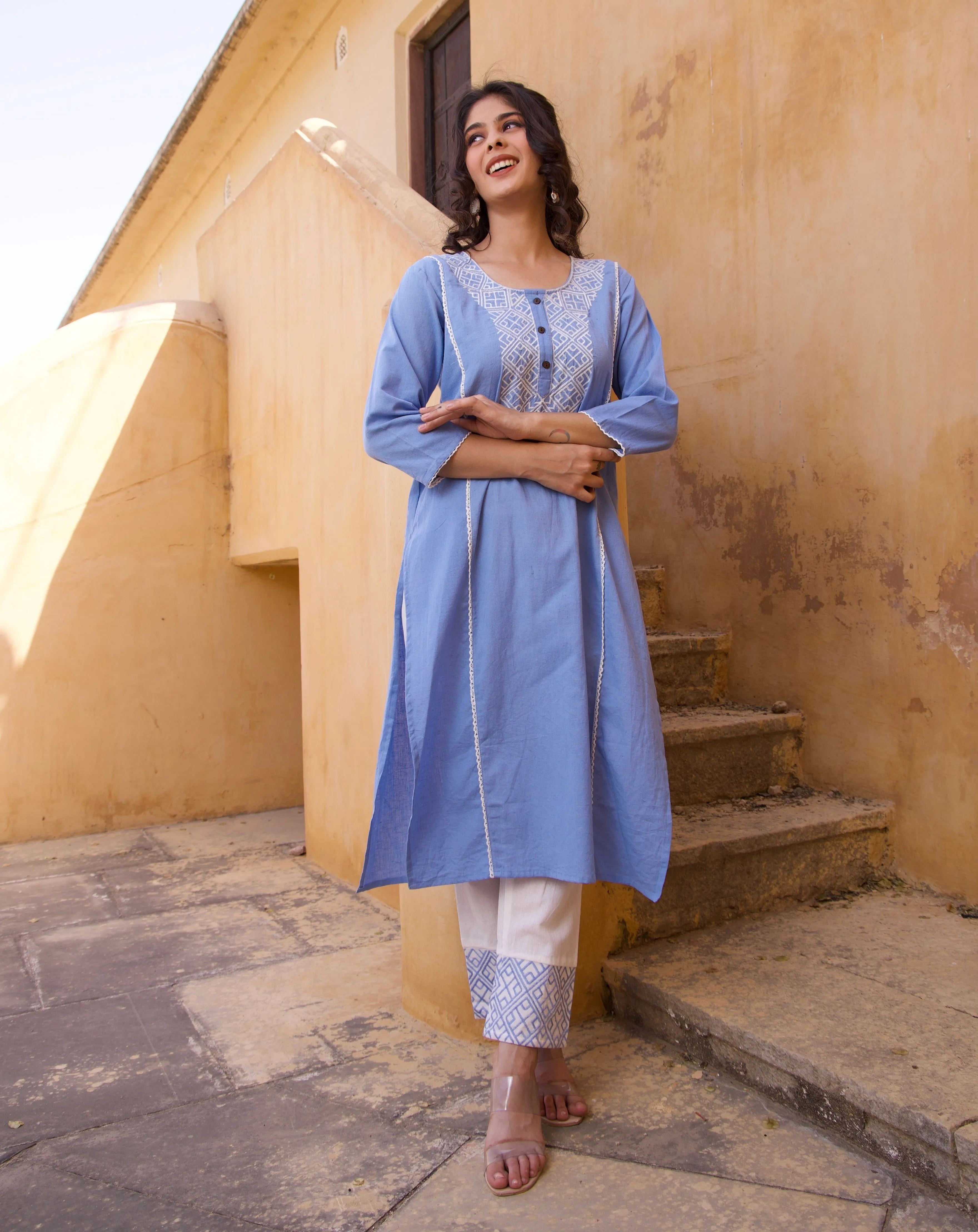 Crosses On Blue Embroidered Kurta Set