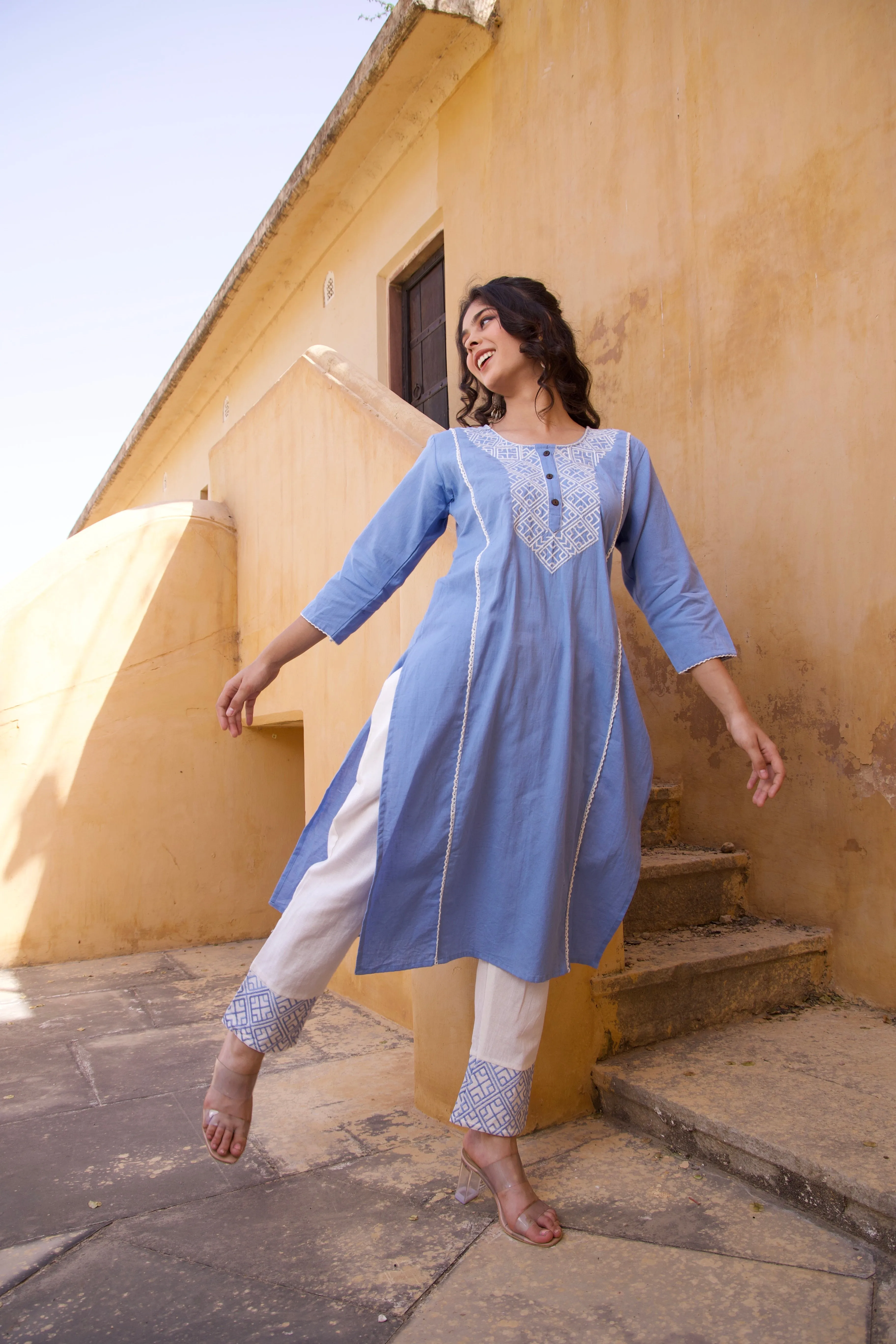 Crosses On Blue Embroidered Kurta Set