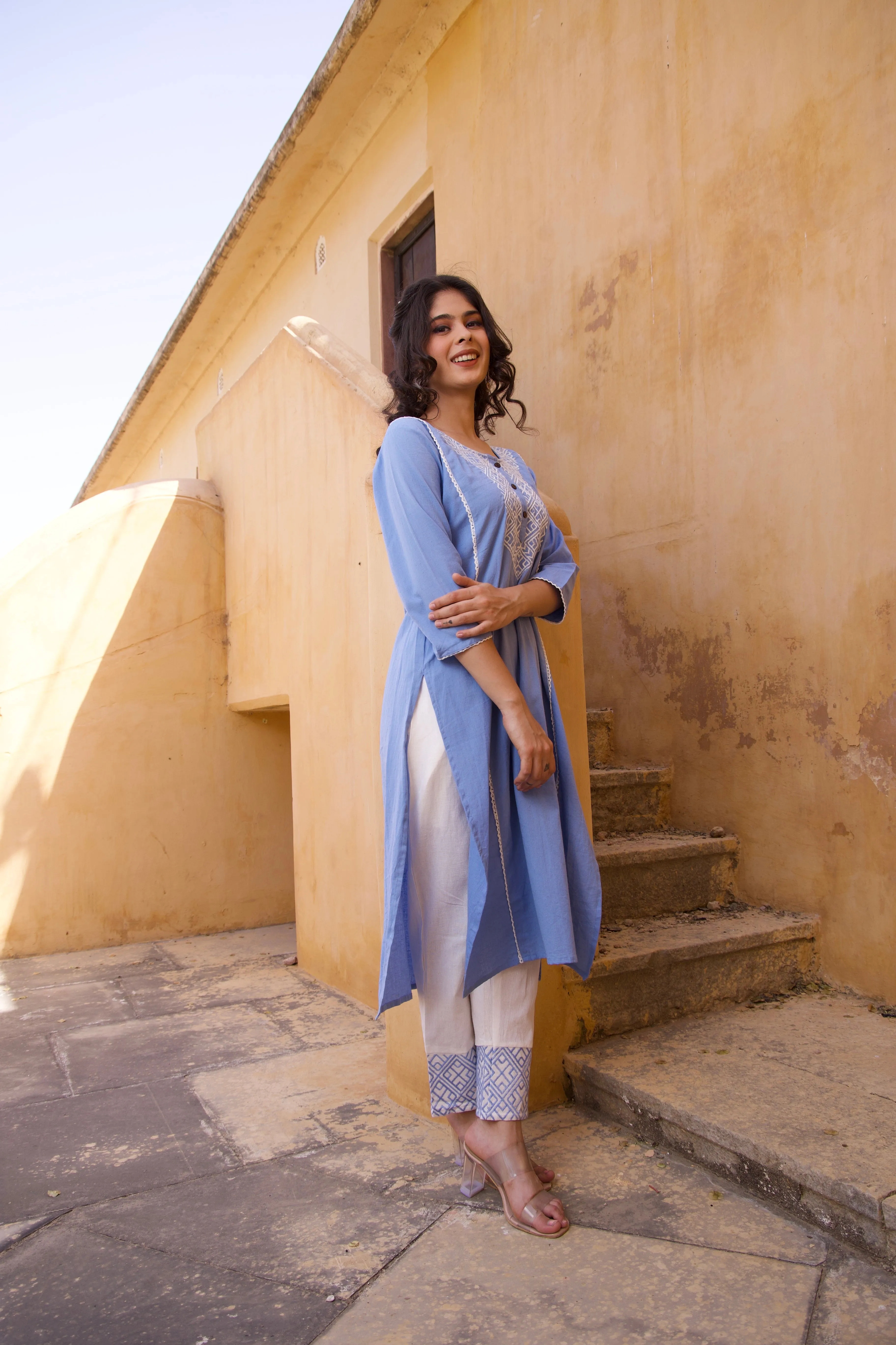 Crosses On Blue Embroidered Kurta Set