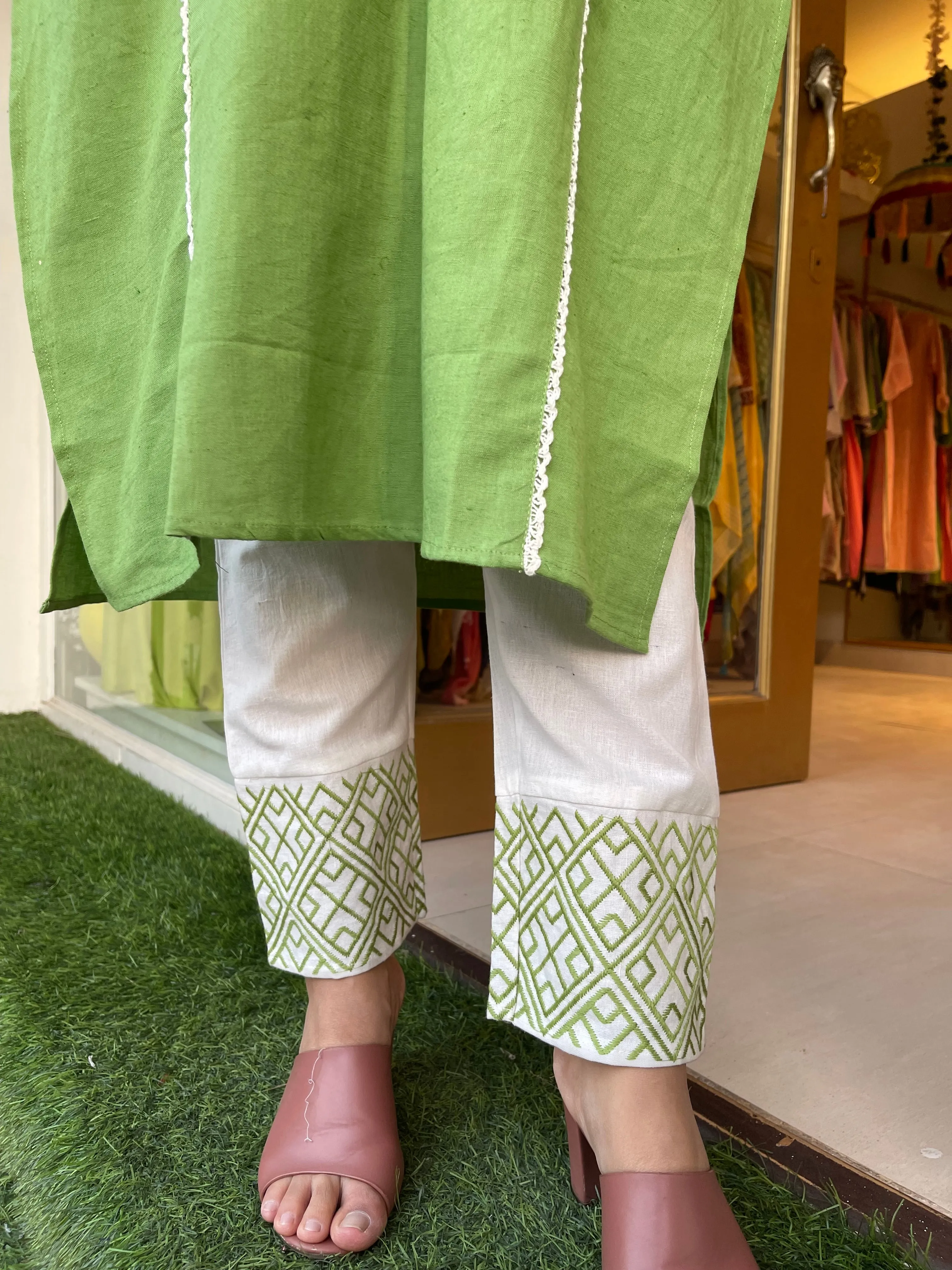 Crosses On Green Embroidered Kurta Set