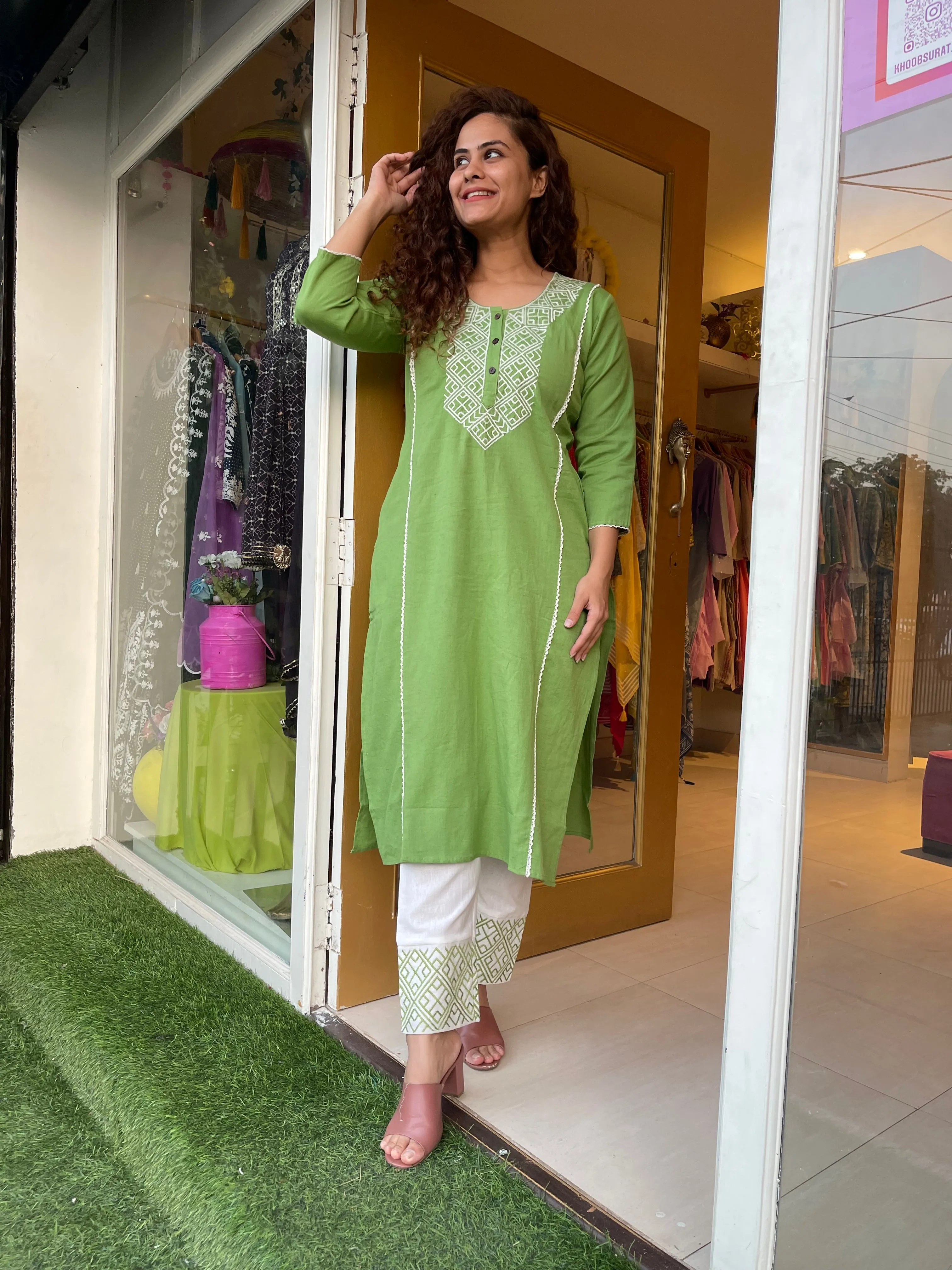 Crosses On Green Embroidered Kurta Set