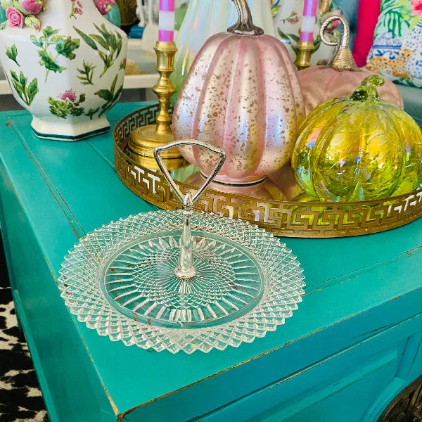 Crystal Serving Dish, Candy Dish Silver Plate Handle - Cut Crystal Diamond Pattern