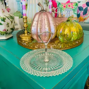 Crystal Serving Dish, Candy Dish Silver Plate Handle - Cut Crystal Diamond Pattern