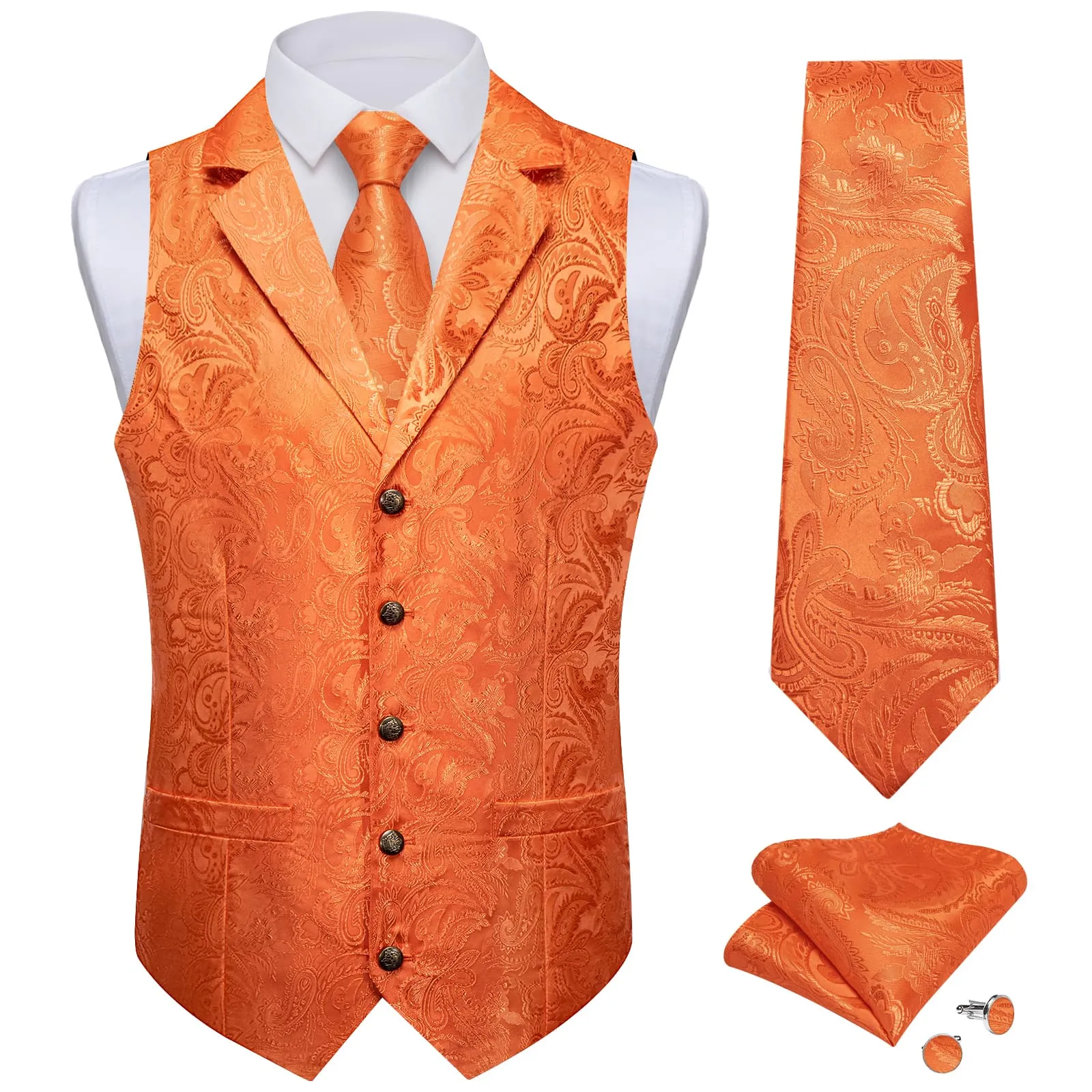 DiBanGu Cadmium Orange Paisley Silk Notched Collar Slim Fit Mens Waistcoat Tie Set