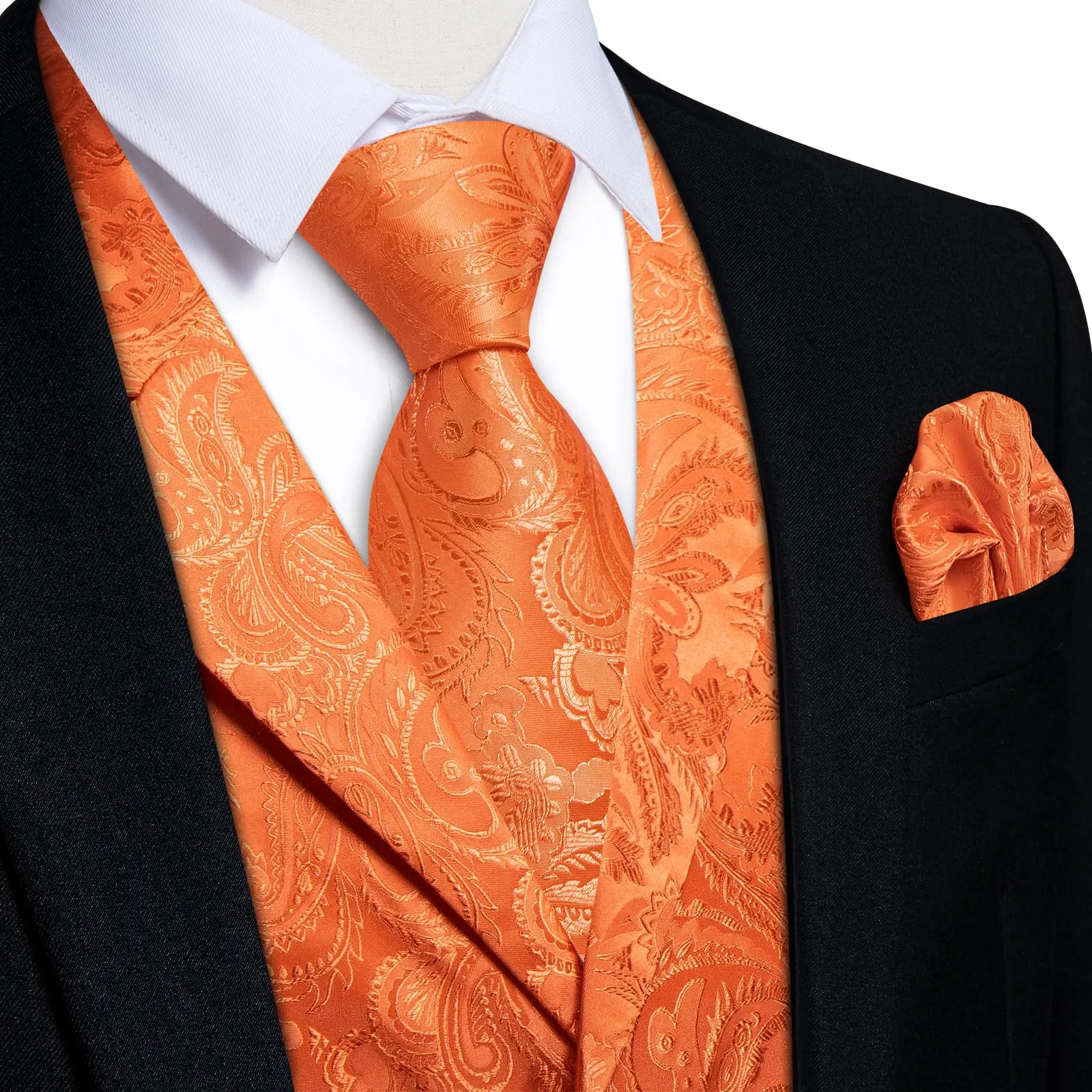 DiBanGu Cadmium Orange Paisley Silk Notched Collar Slim Fit Mens Waistcoat Tie Set