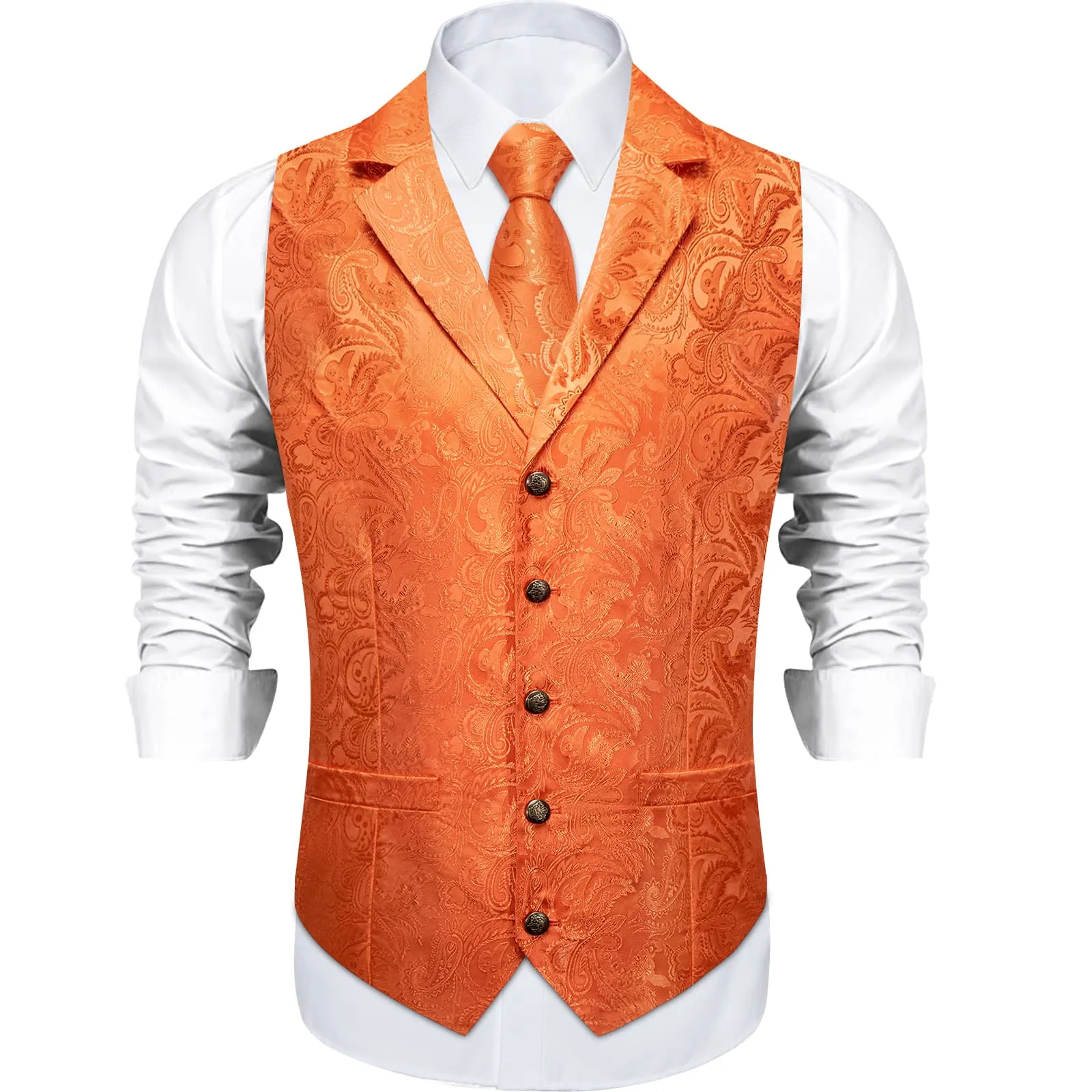 DiBanGu Cadmium Orange Paisley Silk Notched Collar Slim Fit Mens Waistcoat Tie Set