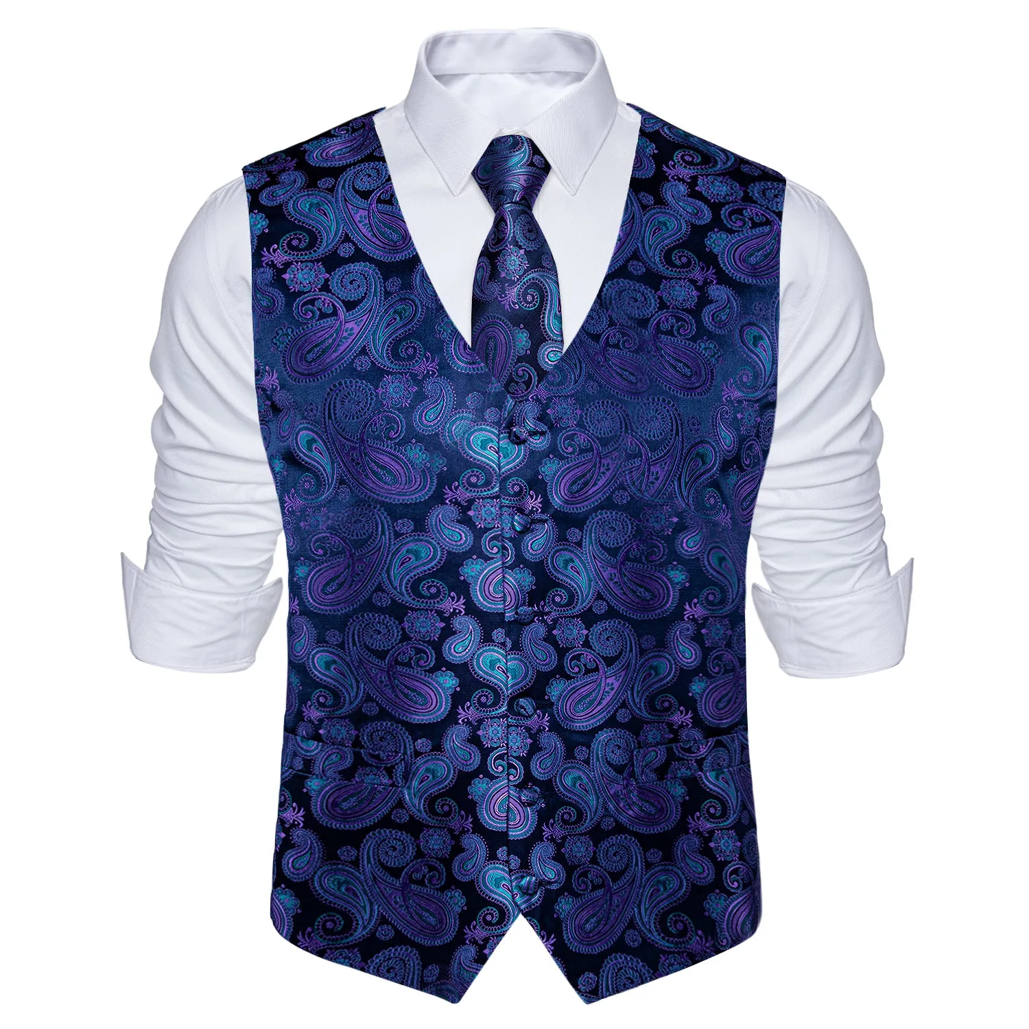 DiBanGu Mens Suit Vest Blue Purple Paisley Silk Waistcoat Vest Tie Handkerchief Cufflinks Set