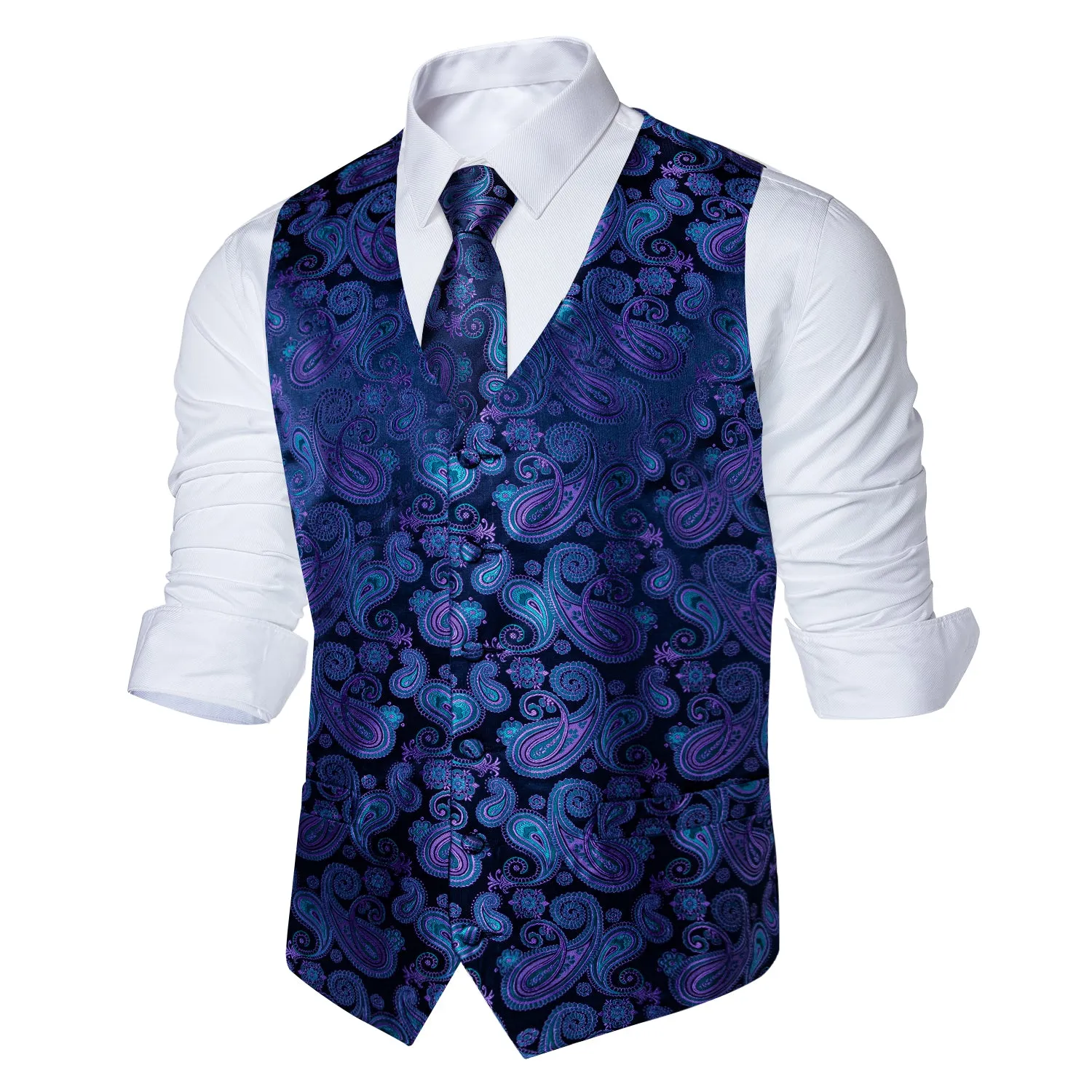 DiBanGu Mens Suit Vest Blue Purple Paisley Silk Waistcoat Vest Tie Handkerchief Cufflinks Set