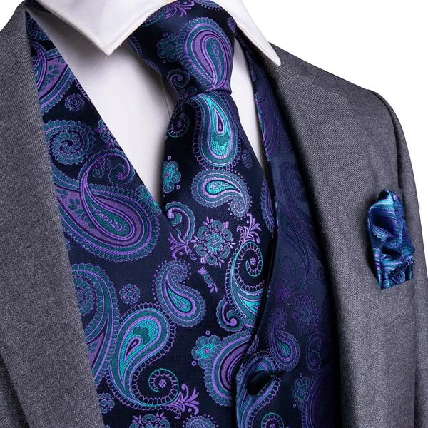 DiBanGu Mens Suit Vest Blue Purple Paisley Silk Waistcoat Vest Tie Handkerchief Cufflinks Set