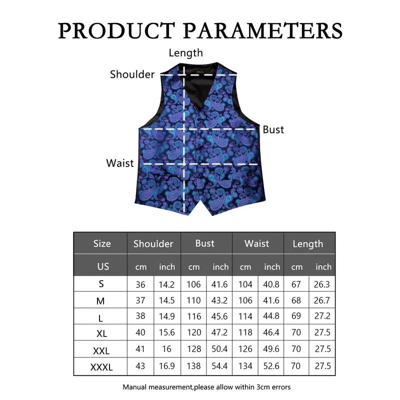 DiBanGu Mens Suit Vest Blue Purple Paisley Silk Waistcoat Vest Tie Handkerchief Cufflinks Set