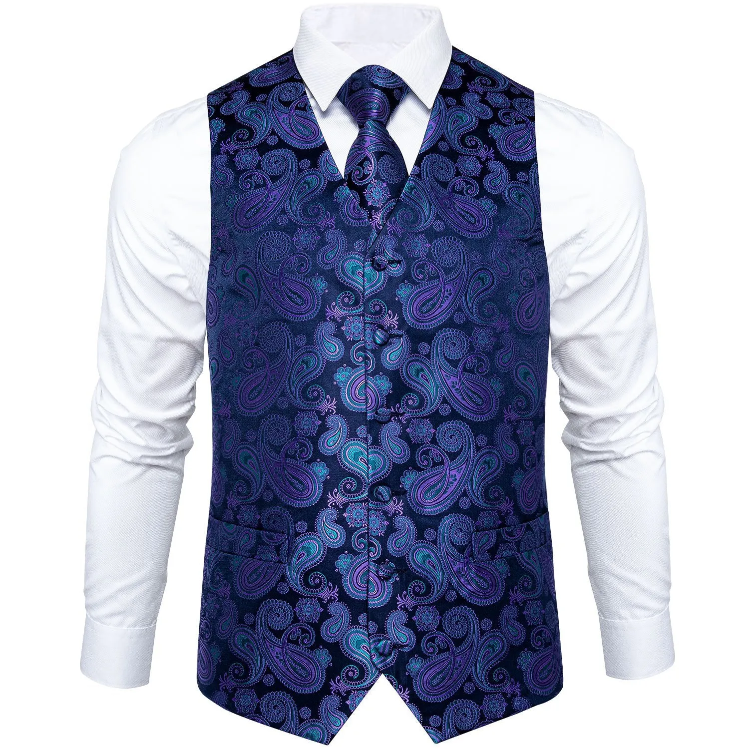 DiBanGu Mens Suit Vest Blue Purple Paisley Silk Waistcoat Vest Tie Handkerchief Cufflinks Set