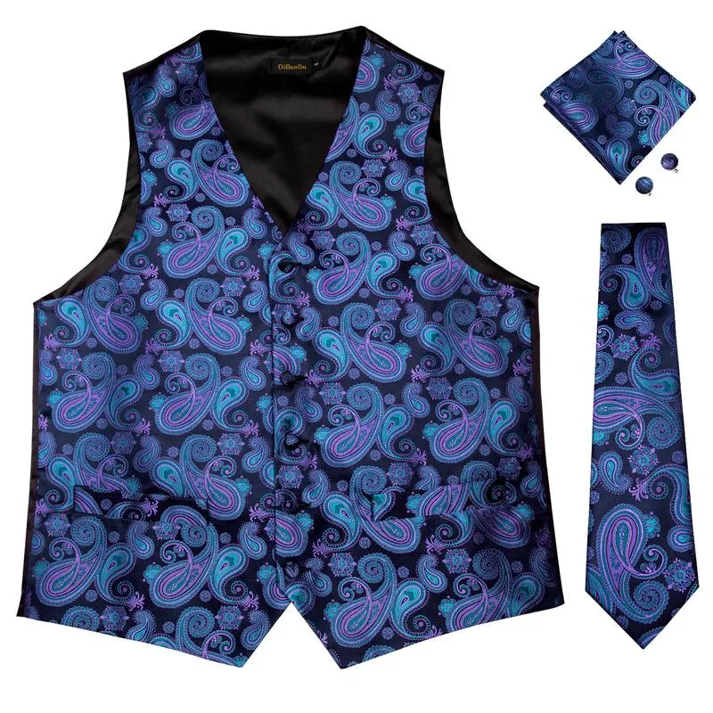 DiBanGu Mens Suit Vest Blue Purple Paisley Silk Waistcoat Vest Tie Handkerchief Cufflinks Set