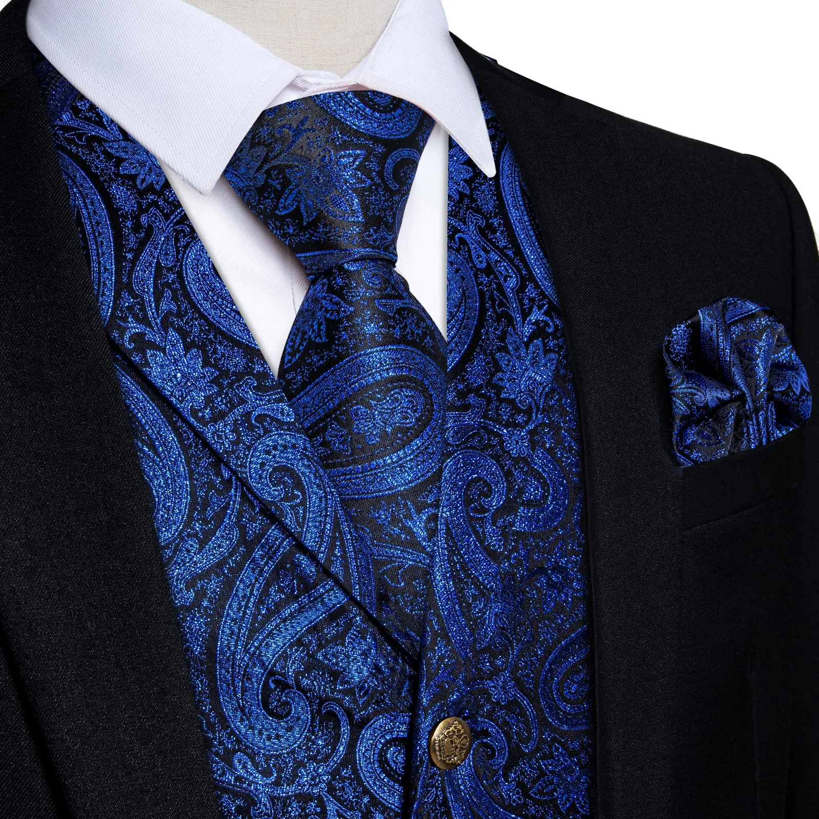 DiBanGu Men's Vest Navy Blue Paisley Silk Waistcoat Suit Vest Tie Set