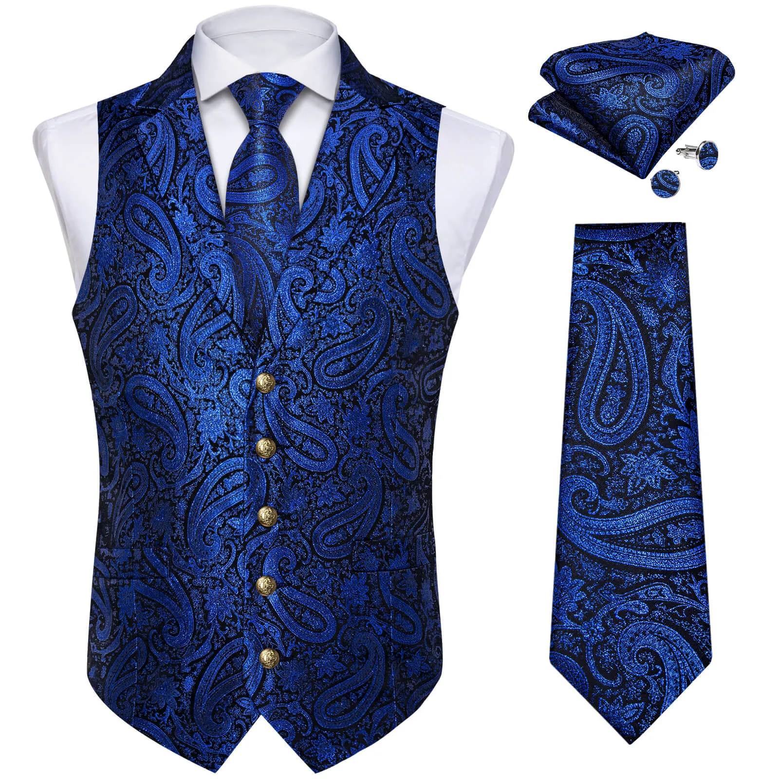 DiBanGu Men's Vest Navy Blue Paisley Silk Waistcoat Suit Vest Tie Set