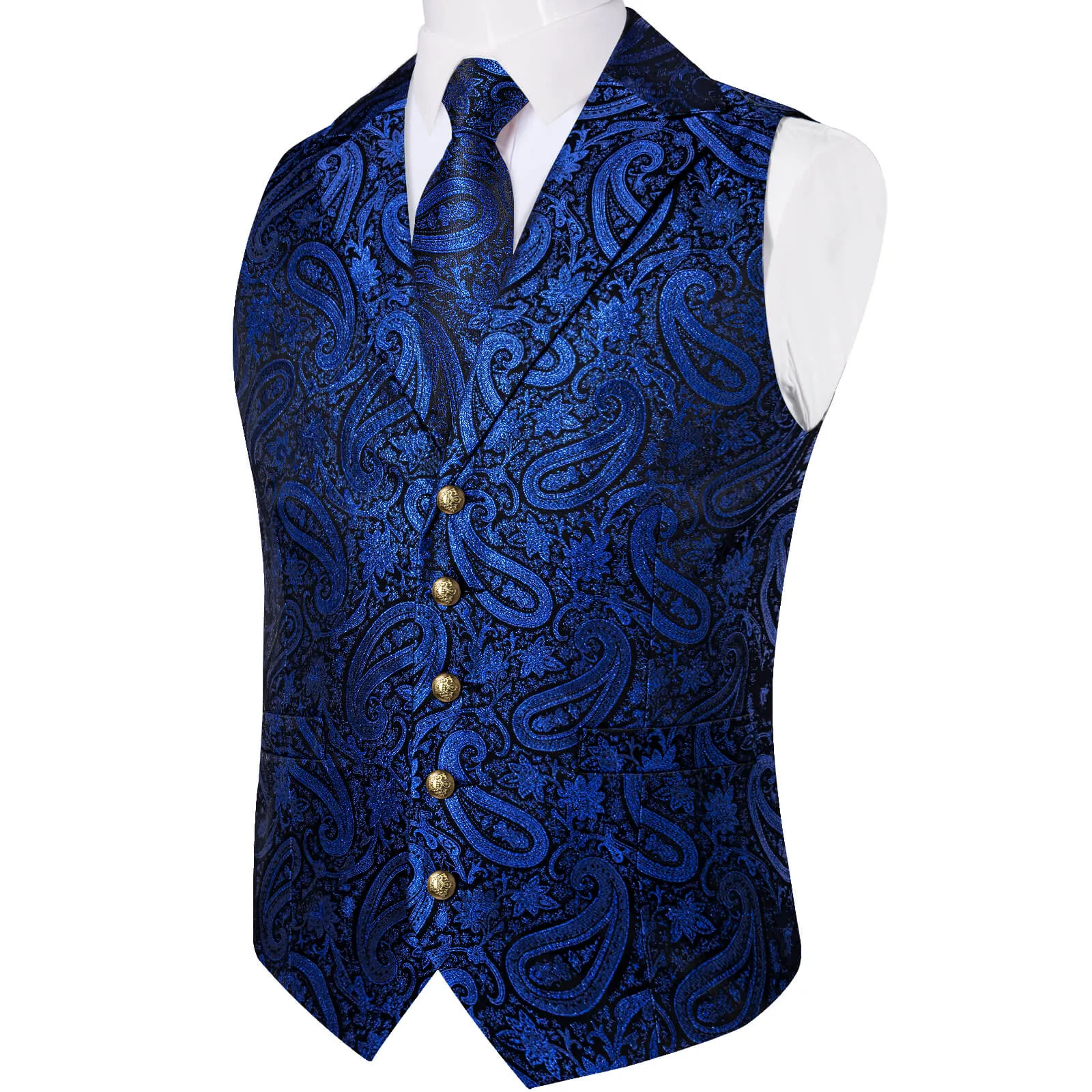 DiBanGu Men's Vest Navy Blue Paisley Silk Waistcoat Suit Vest Tie Set