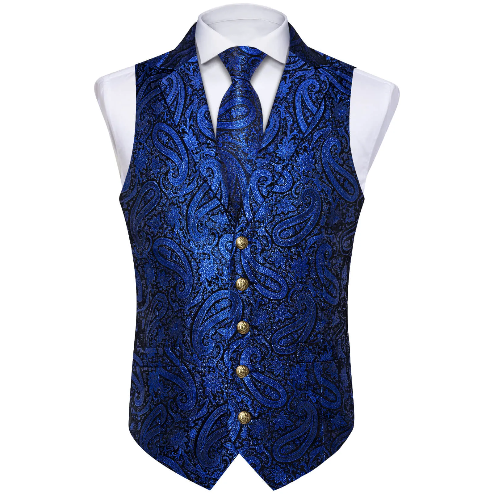 DiBanGu Men's Vest Navy Blue Paisley Silk Waistcoat Suit Vest Tie Set