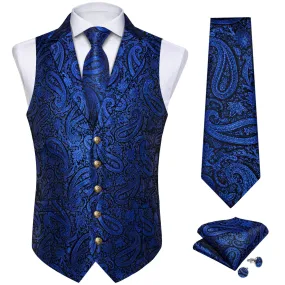 DiBanGu Men's Vest Navy Blue Paisley Silk Waistcoat Suit Vest Tie Set