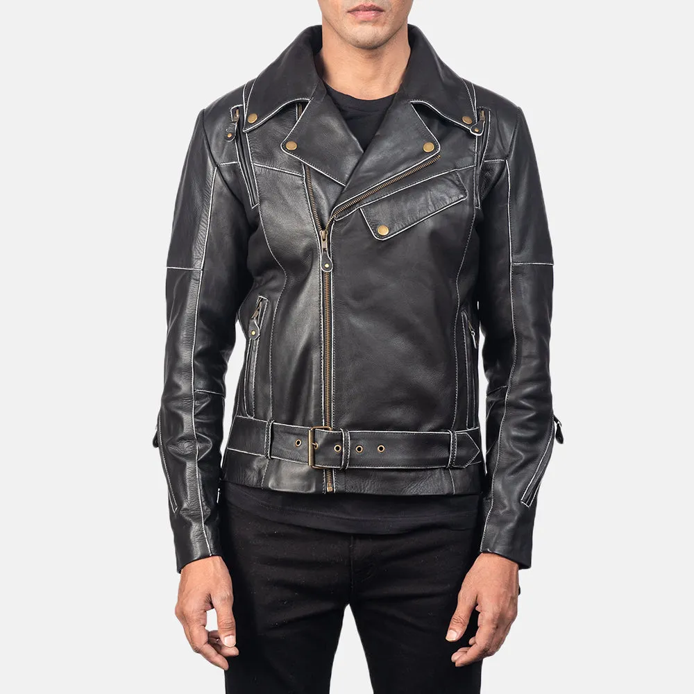 Distressed Black Cowhide Leather Biker Jacket