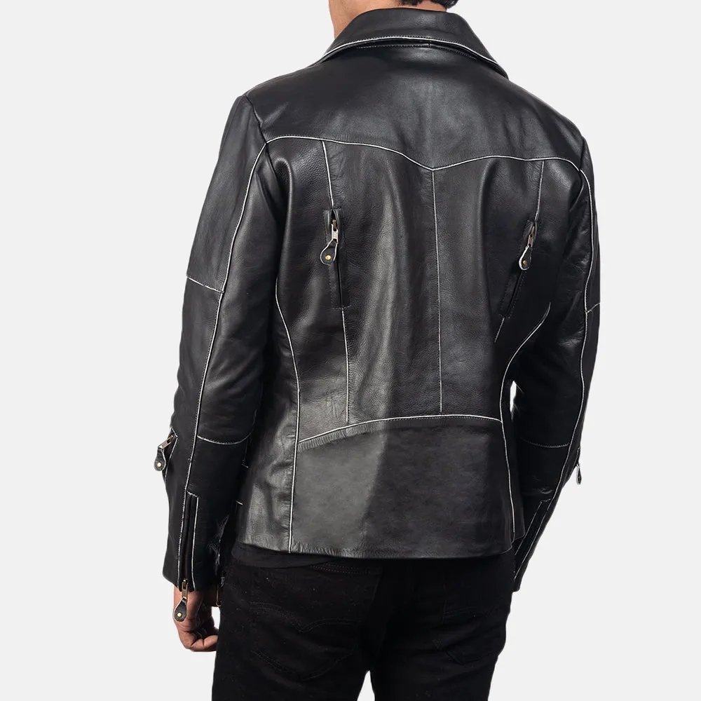 Distressed Black Cowhide Leather Biker Jacket