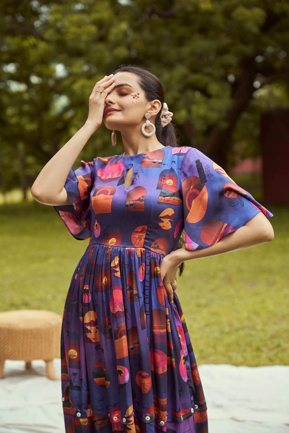 Dreamy Sunset Printed Detachable Modal Satin Dress