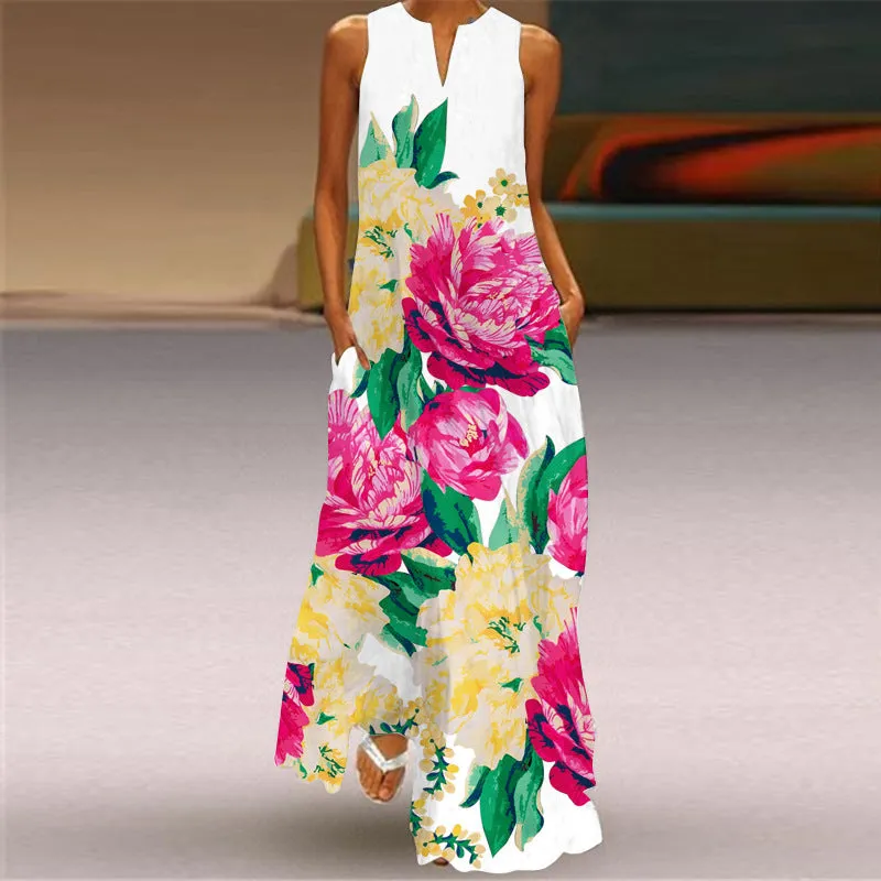 DUNNMALL  New Summer Women's Clothes Sleeveless V-neck Vintage Printed Dress Maxi Dress  Cross Border Foreign Trade Women's Clothing