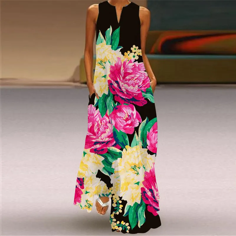 DUNNMALL  New Summer Women's Clothes Sleeveless V-neck Vintage Printed Dress Maxi Dress  Cross Border Foreign Trade Women's Clothing