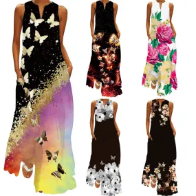 DUNNMALL  New Summer Women's Clothes Sleeveless V-neck Vintage Printed Dress Maxi Dress  Cross Border Foreign Trade Women's Clothing