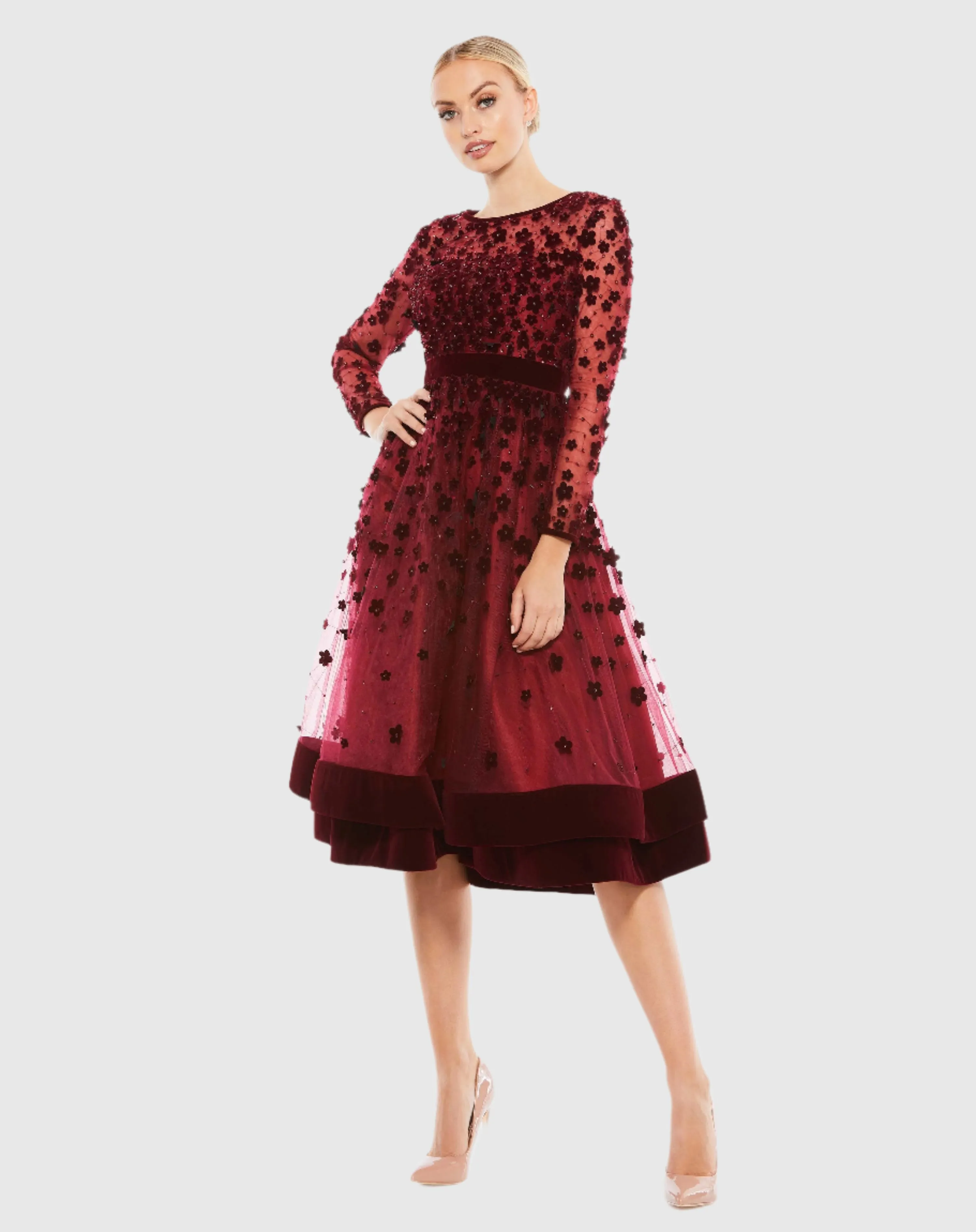 Embellished Illusion High Neck Long Sleeve Fit & Flare Dress