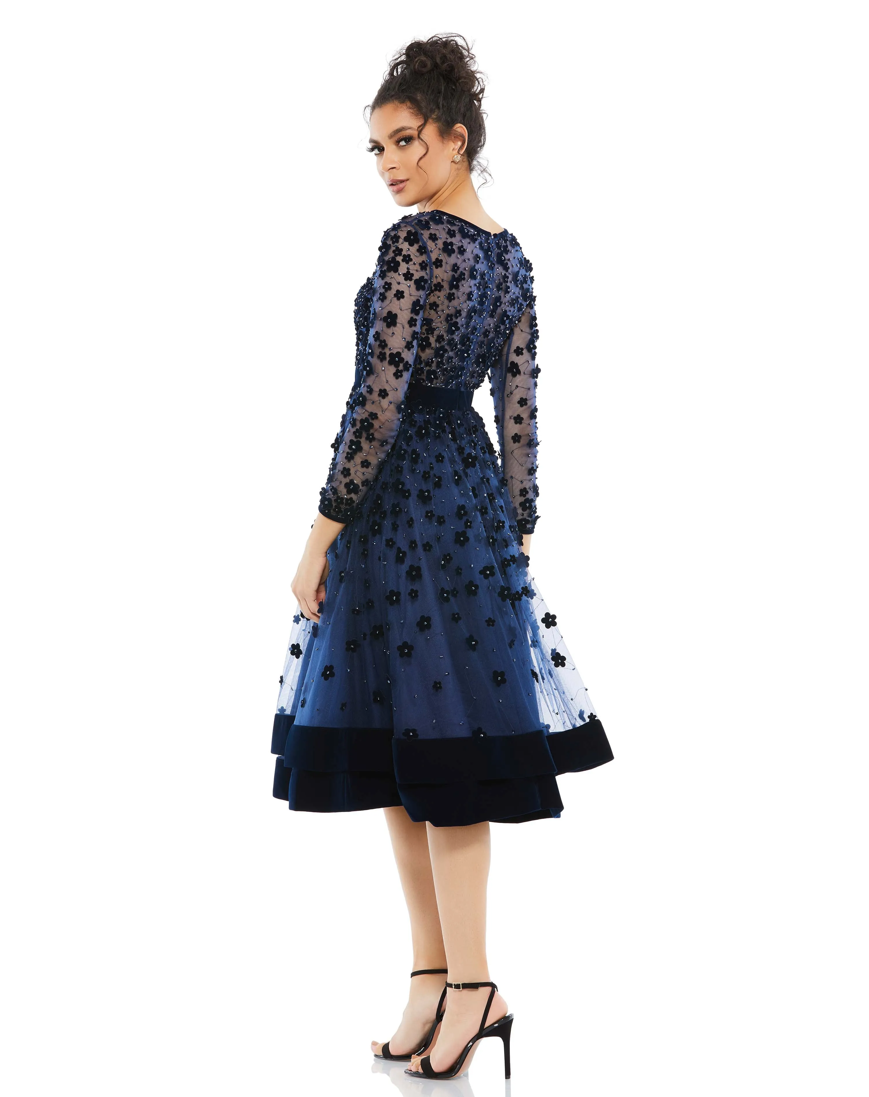 Embellished Illusion High Neck Long Sleeve Fit & Flare Dress