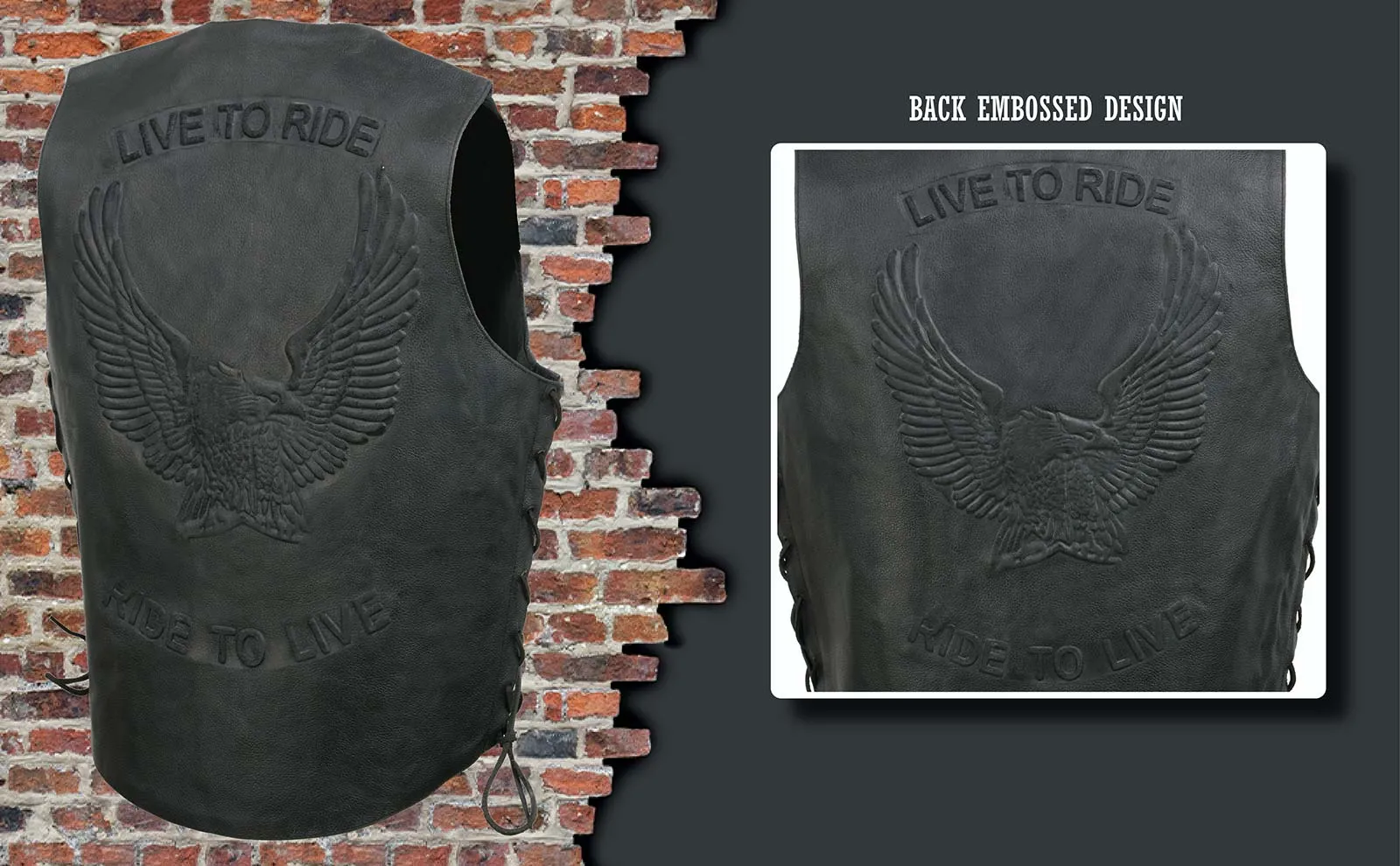 Event Leather's ELM3900 Men's 100% Genuine Motorcycle Leather Vest | Biker Vests with Embossed Eagle | Live To Ride